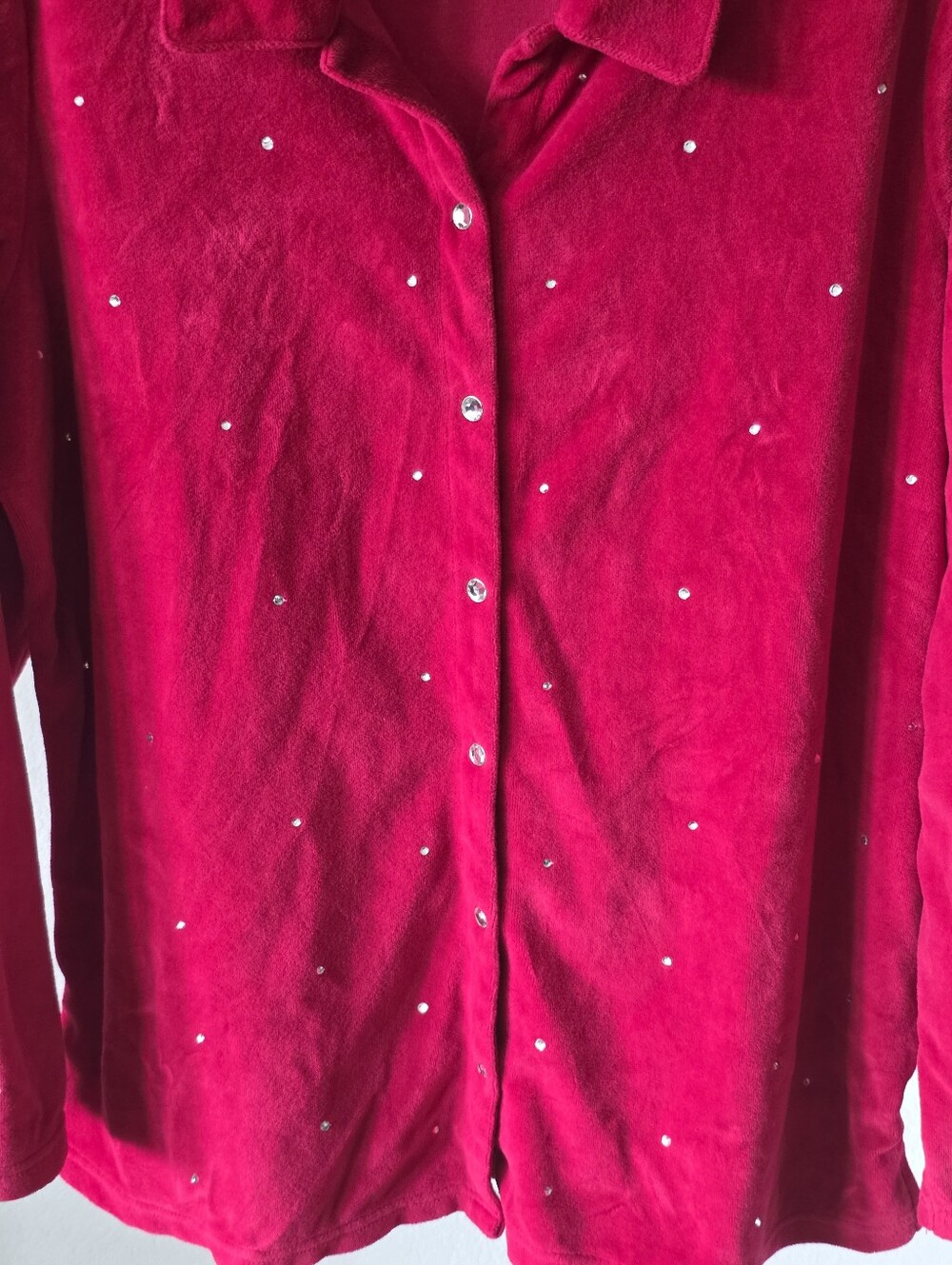 Quacker Factory Red Velour Rhinestone Button Front Cardigan Jacket Size Large - Picture 3 of 11